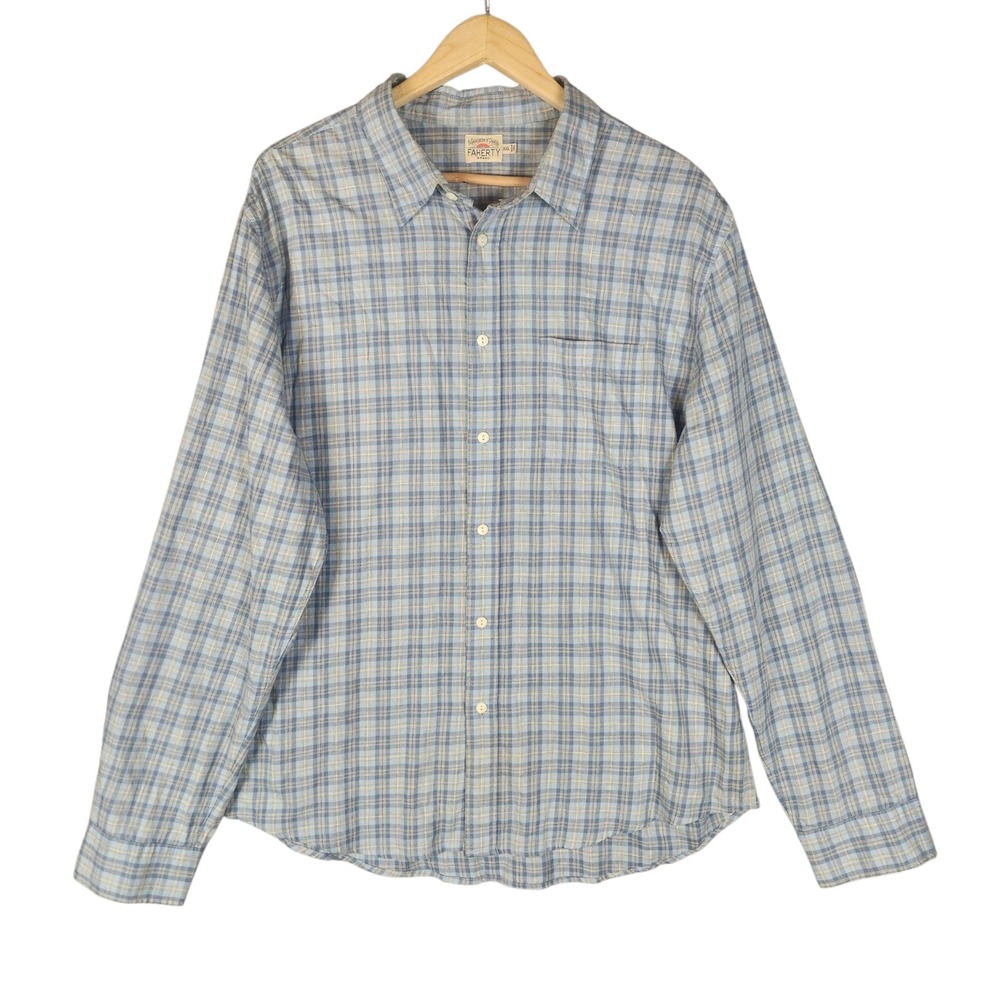Faherty Button Down Shirt XXL Blue Plaid Long Sleeve Cotton Pocket